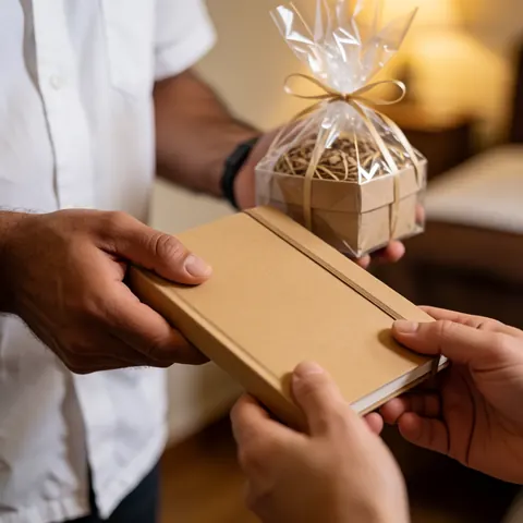 Un homme remet un carnet et une boîte-cadeau emballée à une personne dans un cadre chaleureux et professionnel.