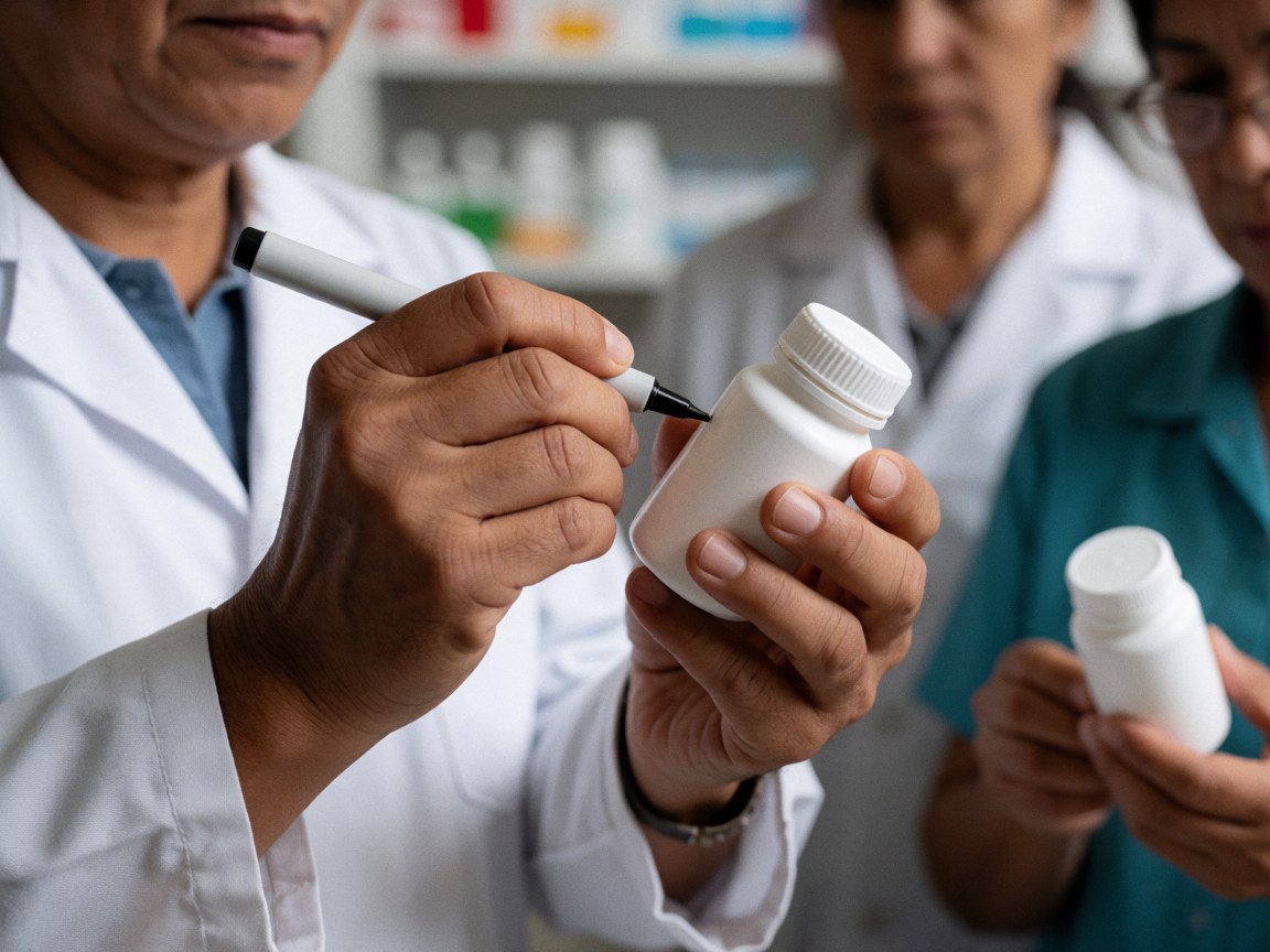 Un pharmacien en train d'étiqueter un flacon avec un marqueur dans une pharmacie, avec d'autres professionnels de santé en arrière-plan.