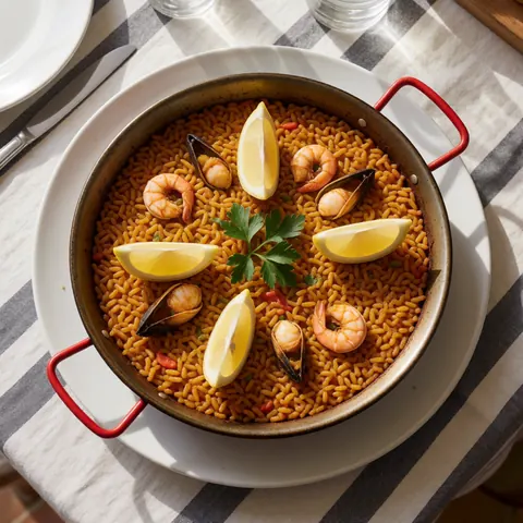 Une paella espagnole garnie de fruits de mer, accompagnée d'un quartier de citron et de persil frais, servie dans une poêle traditionnelle posée sur une nappe à rayures.