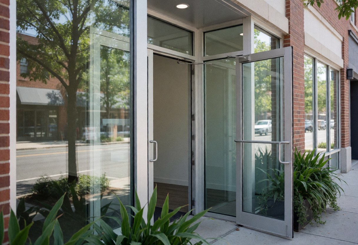 Façade en briques d'un commerce de peinture avec portes vitrées ouvertes, encadrée par des plantes vertes, évoquant un espace professionnel et accueillant.