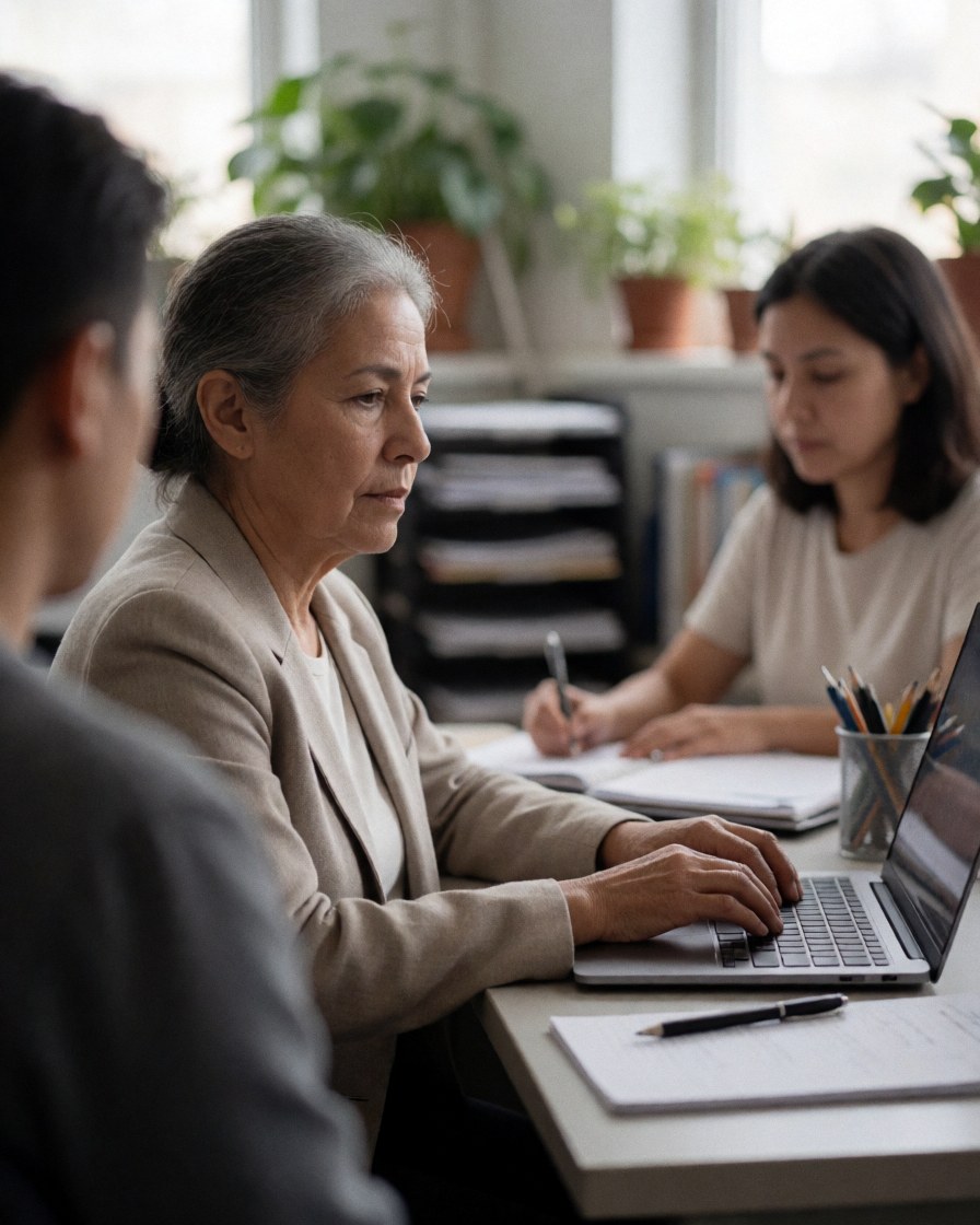 Une superviseuse expérimentée en blazer utilise son ordinateur portable dans un bureau avec des plantes et des documents, tandis qu'une autre personne écrit à ses côtés.