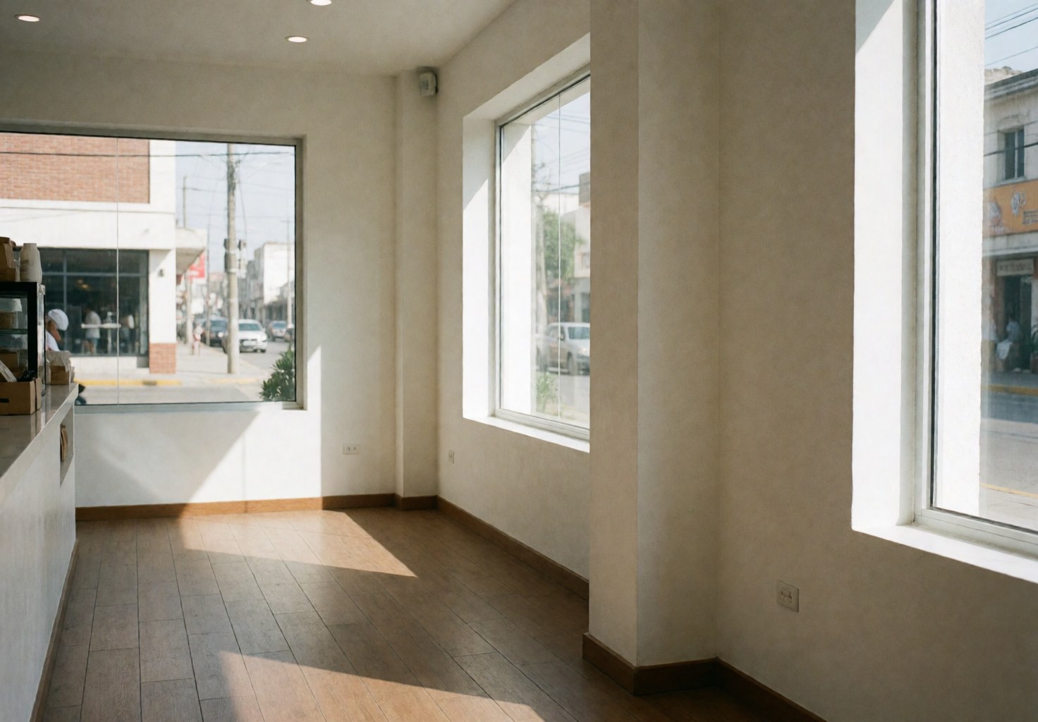 Vue intérieure d'une cafétéria vide aux murs blancs, sol en bois clair et lumière du jour entrant par de grandes fenêtres, créant une ambiance propre et moderne.