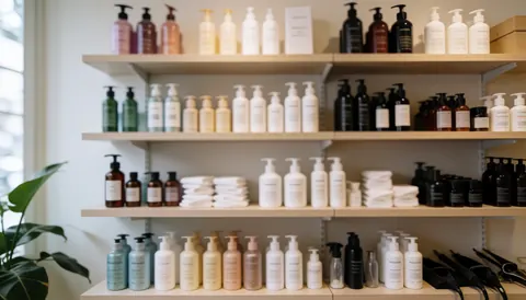 Des étagères remplies de produits de soins capillaires aux tons chauds, accompagnées de serviettes et d'outils, sur un fond doux adapté à l'intégration de texte.