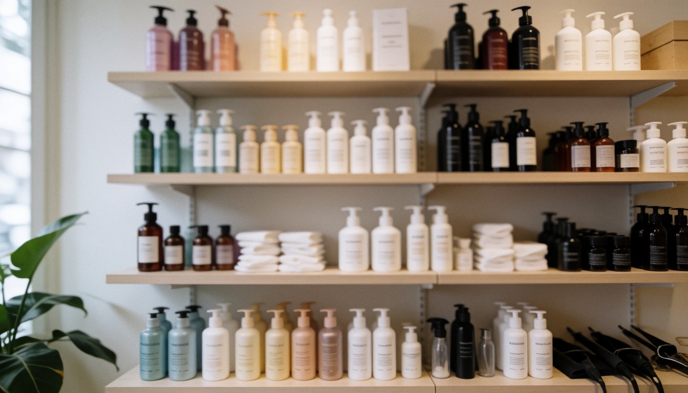 Des étagères remplies de produits de soins capillaires aux tons chauds, accompagnées de serviettes et d'outils, sur un fond doux adapté à l'intégration de texte.