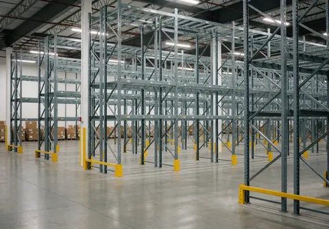 Intérieur d'un entrepôt logistique moderne avec des étagères métalliques vides, un sol poli et un éclairage LED, prêt pour les opérations.
