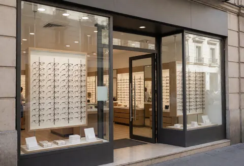 Façade moderne d'une boutique d'optique présentant une vitrine de montures, entrée ouverte et sol en marbre invitant à pénétrer dans le magasin.