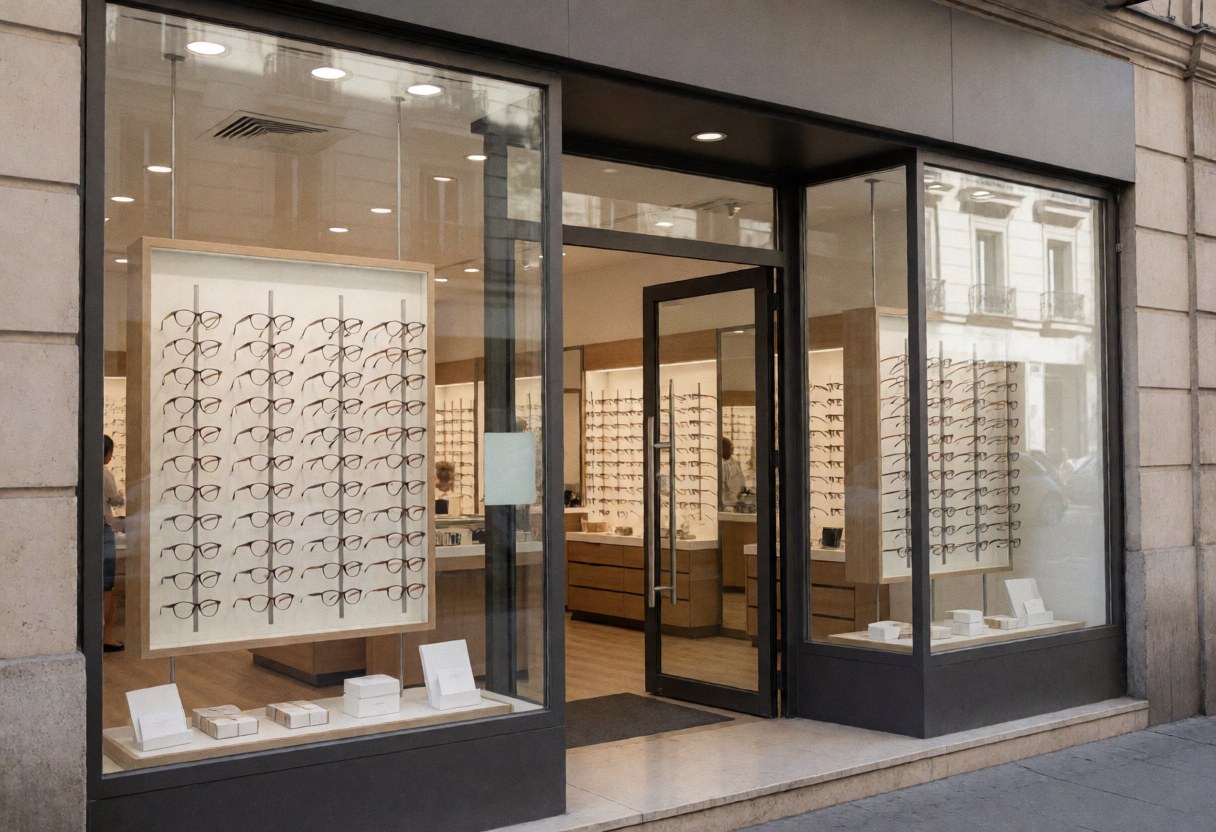 Façade moderne d'une boutique d'optique présentant une vitrine de montures, entrée ouverte et sol en marbre invitant à pénétrer dans le magasin.