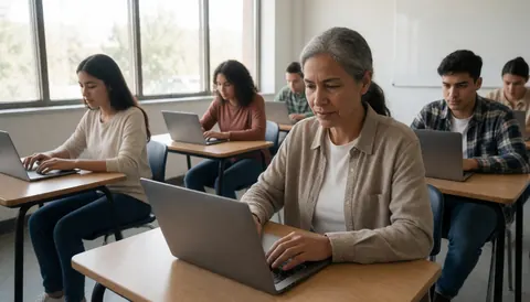 Groupe d'adultes en classe utilisant des ordinateurs portables dans un environnement éducatif professionnel éclairé par la lumière naturelle.