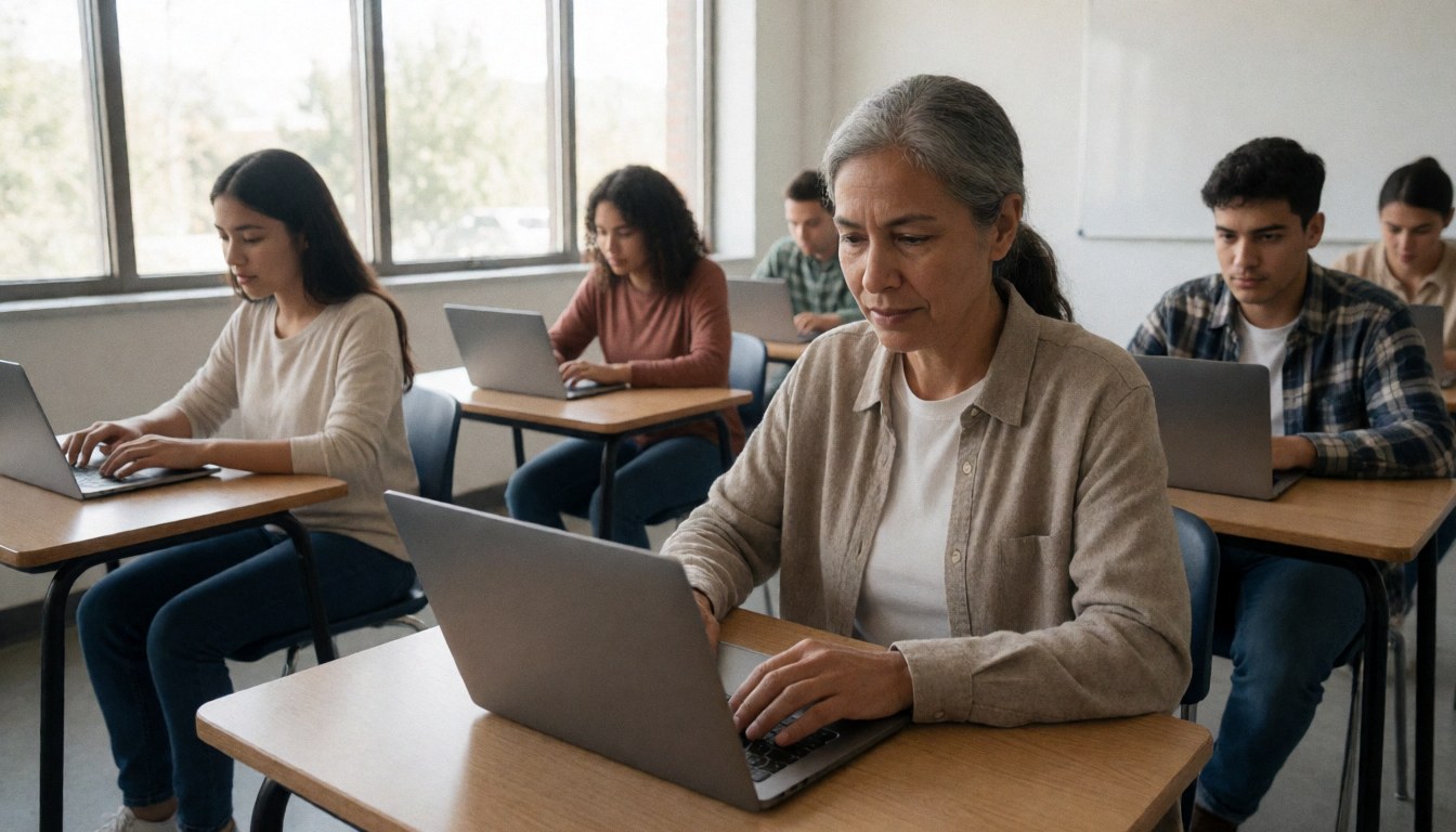 Groupe d'adultes en classe utilisant des ordinateurs portables dans un environnement éducatif professionnel éclairé par la lumière naturelle.