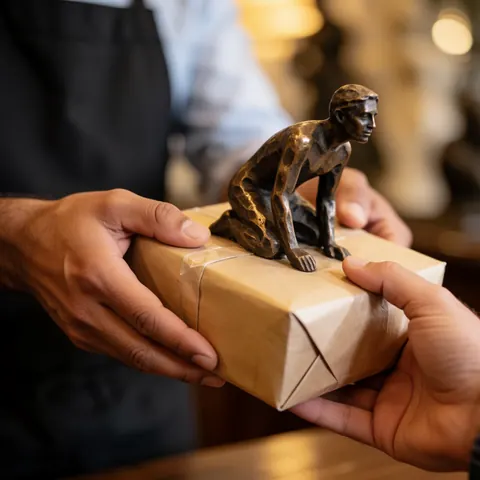 Des mains remettant une sculpture en bronze posée sur une boîte emballée, avec un fond chaud et flou.