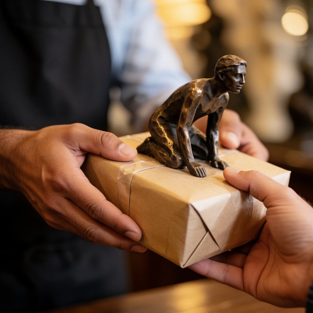 Des mains remettant une sculpture en bronze posée sur une boîte emballée, avec un fond chaud et flou.