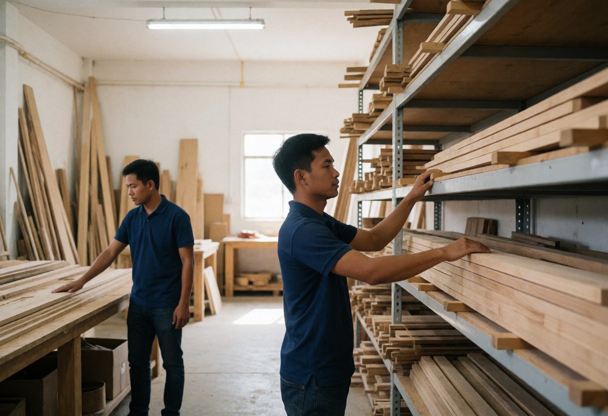 Deux hommes rangent des planches sur des étagères métalliques dans un atelier bien éclairé, alliant lumière naturelle et artificielle.