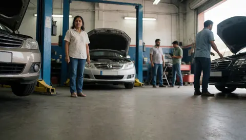 Une femme se tient dans un atelier de réparation automobile entourée de véhicules avec le capot ouvert et de mécaniciens en train de travailler.