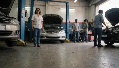 Une femme se tient dans un atelier de réparation automobile entourée de véhicules avec le capot ouvert et de mécaniciens en train de travailler.