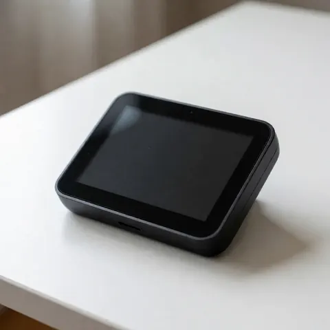 Thermostat intelligent noir posé sur une table blanche dans un environnement moderne et minimaliste, idéal pour le contrôle de la température.