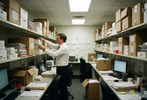 Un homme classe des documents et des boîtes dans un bureau équipé d'étagères remplies de dossiers et d'ordinateurs.