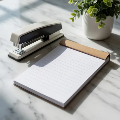 Un bureau en marbre blanc orné d'un bloc de notes, d'une agrafeuse et d'une plante dans un vase blanc. Lumière naturelle éclaire l'espace de travail propre et organisé.