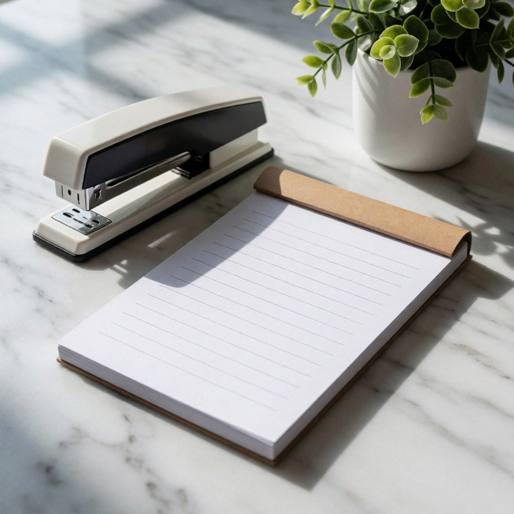 Un bureau en marbre blanc orné d'un bloc de notes, d'une agrafeuse et d'une plante dans un vase blanc. Lumière naturelle éclaire l'espace de travail propre et organisé.