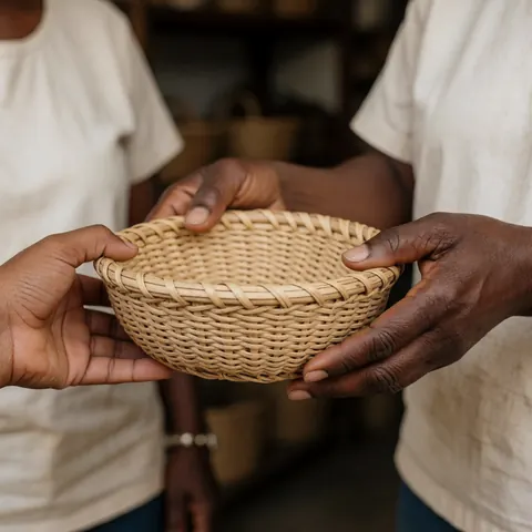 Deux personnes échangent un panier en osier dans un cadre communautaire, symbolisant la solidarité et l'entraide.