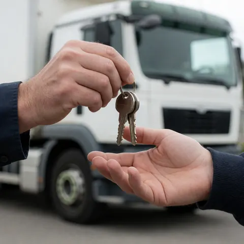 Une main remet les clés d'un véhicule à une autre personne, symbolisant la fin d'un service de déménagement professionnel.