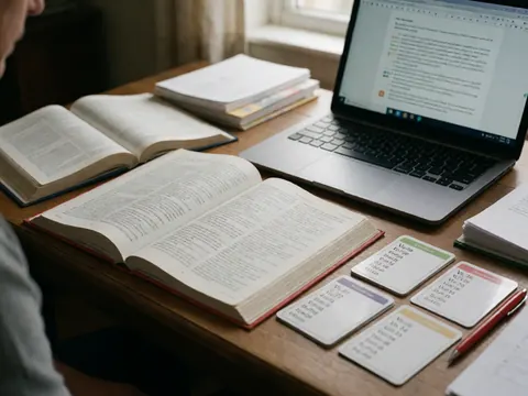 Livres ouverts, cartes de vocabulaire, ordinateur portable et stylo rouge posés sur un bureau en bois pour l'étude des langues.