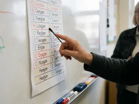 Une main adulte désigne un tableau de conjugaisons sur un tableau blanc, avec des marqueurs posés en bas, dans une salle de classe éclairée.