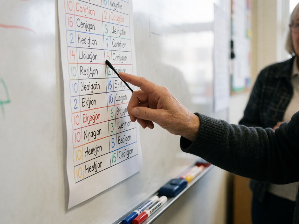 Une main adulte désigne un tableau de conjugaisons sur un tableau blanc, avec des marqueurs posés en bas, dans une salle de classe éclairée.