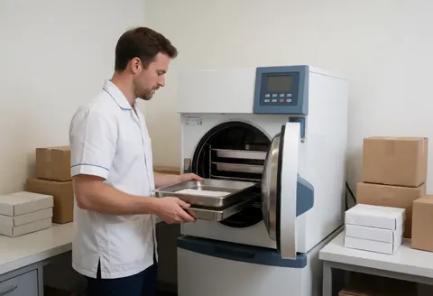 Un technicien charge une bandelette dans un autoclave au sein d'une clinique, entouré de boîtes contenant des instruments médicaux.