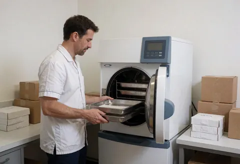 Un technicien charge une bandelette dans un autoclave au sein d'une clinique, entouré de boîtes contenant des instruments médicaux.