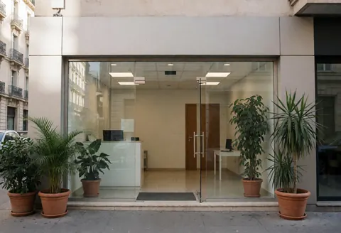 Façade d'un bureau avec réception, portes en verre et plantes en grands pots.