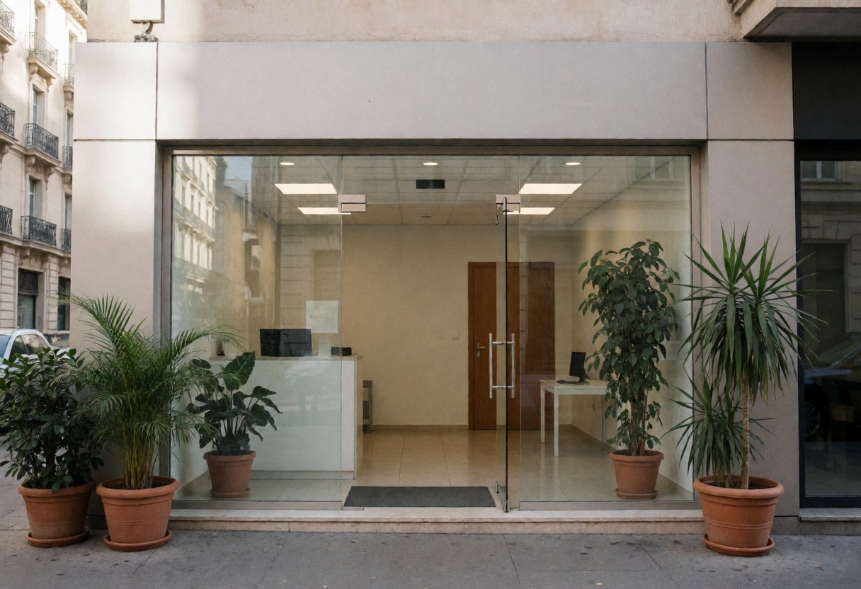 Façade d'un bureau avec réception, portes en verre et plantes en grands pots.