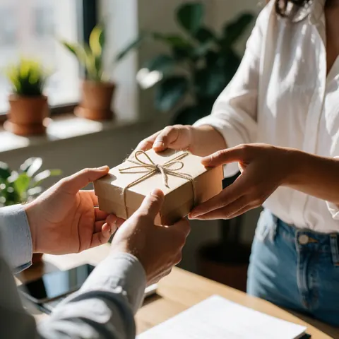 Un individu tend une boîte cadeau nouée avec une corde à un autre professionnel dans un bureau moderne baigné de lumière naturelle et décoré de plantes vertes.