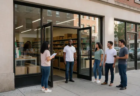 Un groupe de personnes se réunit à l'entrée d'un magasin de matériaux. Une femme tient une tablette et discute avec les autres membres du groupe.