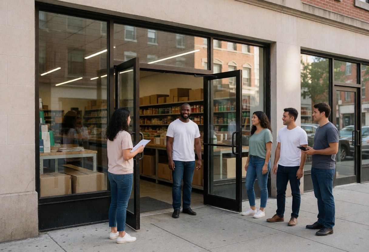 Un groupe de personnes se réunit à l'entrée d'un magasin de matériaux. Une femme tient une tablette et discute avec les autres membres du groupe.