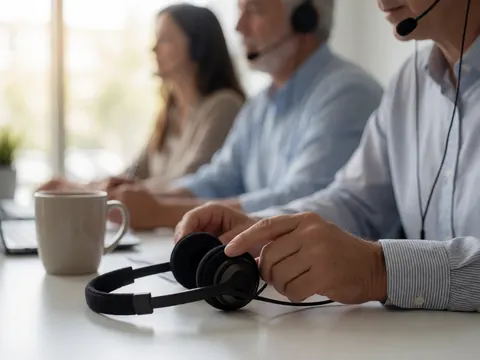 Des agents du service client portant des casques et buvant du café à un bureau de travail, l'un ajustant son casque.