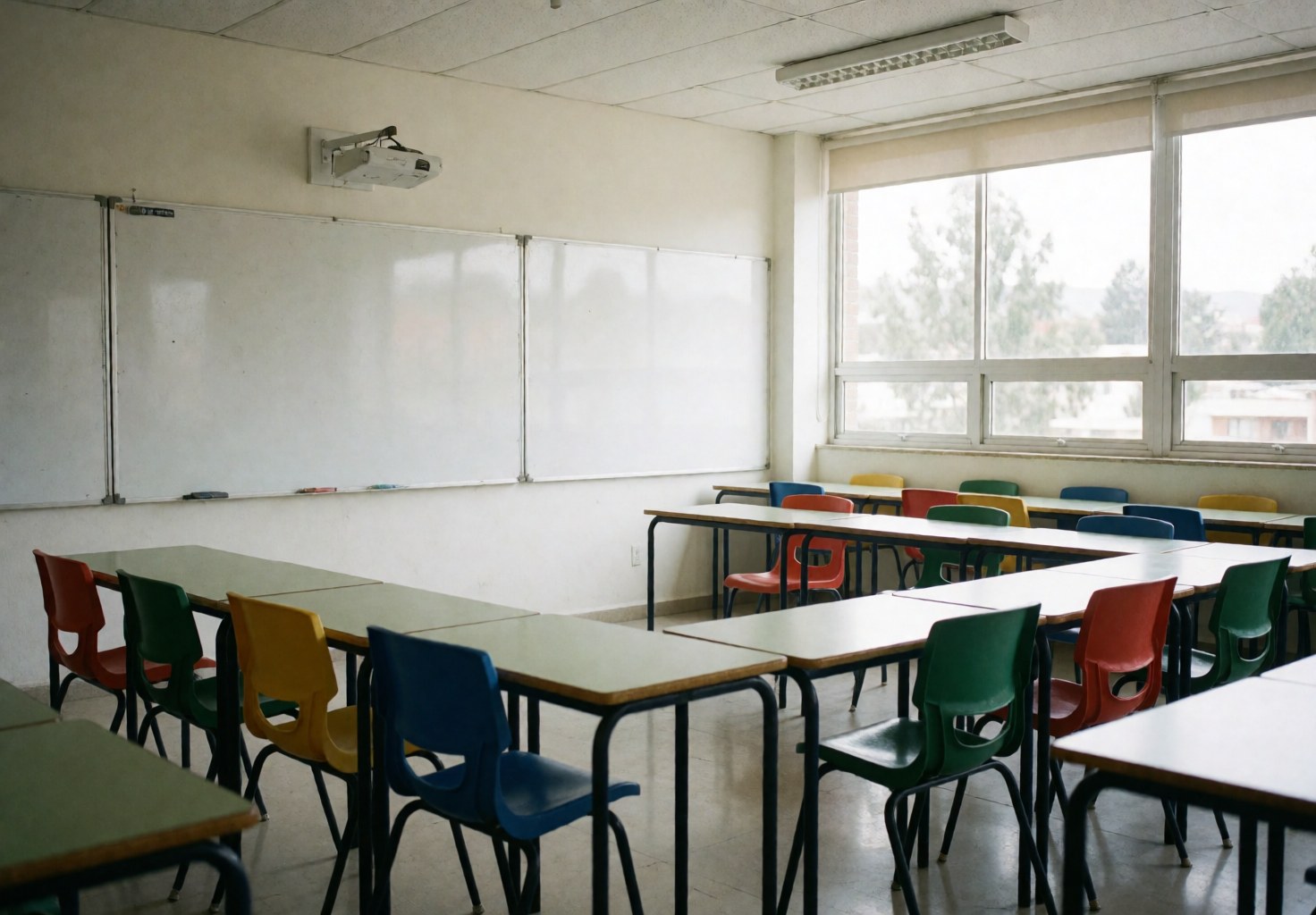 Salle de classe de langues vide équipée de chaises colorées et d'un tableau blanc, baignée de lumière naturelle par de grandes fenêtres, offrant un environnement propre et accueillant.