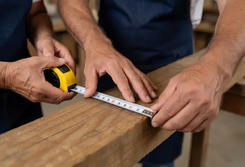 Deux mains utilisant un mètre ruban jaune pour mesurer une planche de bois dans un atelier de menuiserie, illustrant un service en action.