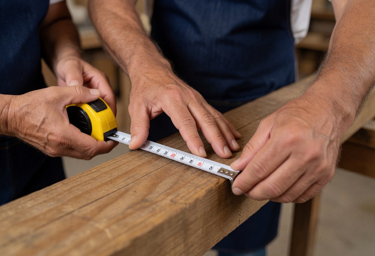 Deux mains utilisant un mètre ruban jaune pour mesurer une planche de bois dans un atelier de menuiserie, illustrant un service en action.