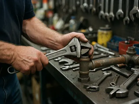 Des mains d'ouvrier serrant un tuyau rouillé à l'aide d'une clé adjustable dans un atelier de quincaillerie entouré d'outils.