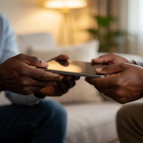 Deux personnes échangent une tablette dans un espace lumineux, mettant en avant l'interaction technique et le transfert de données.