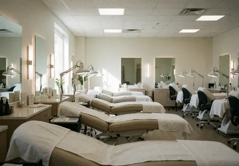 Vue intérieure d'une clinique de soins esthétiques vide, équipée de lits de traitement, de miroirs et d'un éclairage professionnel, offrant un environnement propre et ordonné.