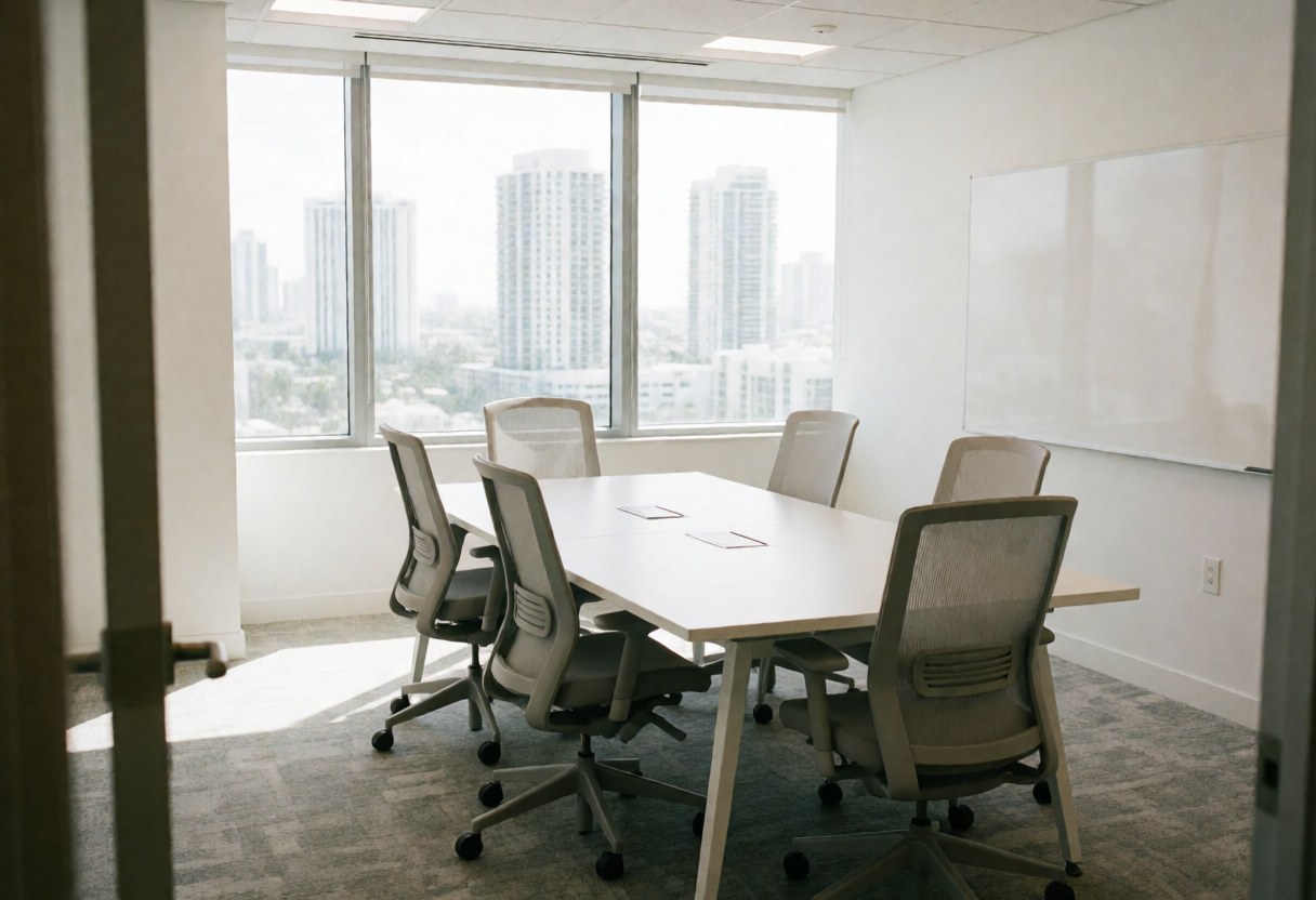 Espace de travail moderne et lumineux doté d'une table blanche, de chaises ergonomiques et d'une grande fenêtre offrant une vue dégagée.