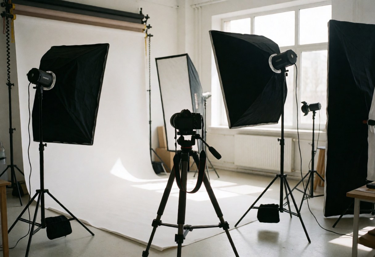 Studio photo vide équipé de lumières, trépieds et appareil photo prêt pour des séances professionnelles, éclairé par la lumière naturelle.