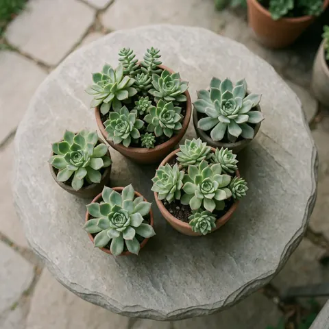 Cinq plantes succulentes disposées dans des pots en terre cuite posés sur un bloc de pierre grise, évoquant le jardinage et la décoration extérieure.
