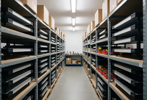 Couloir d'entrepôt avec étagères métalliques remplies de boîtes et d'outils pour l'installation de panneaux solaires.