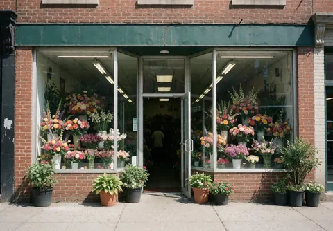 Devanture d'une boutique de fleurs avec de grandes vitrines remplies d'arrangements floraux vibrants et des pots de plantes à l'entrée sous un auvent vert par temps ensoleillé.