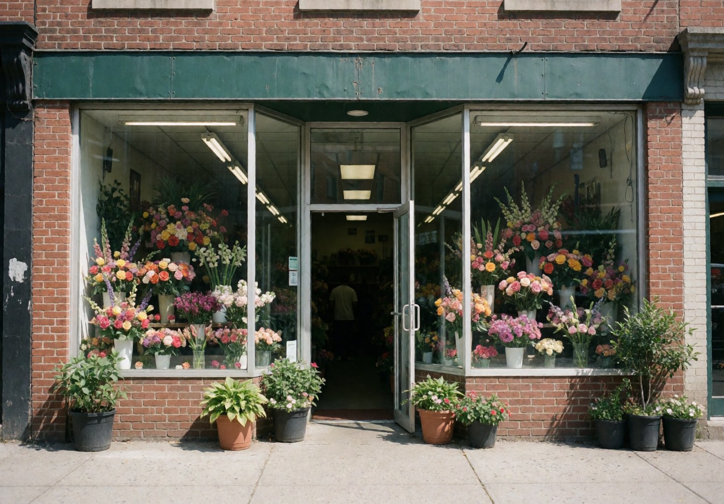 Devanture d'une boutique de fleurs avec de grandes vitrines remplies d'arrangements floraux vibrants et des pots de plantes à l'entrée sous un auvent vert par temps ensoleillé.