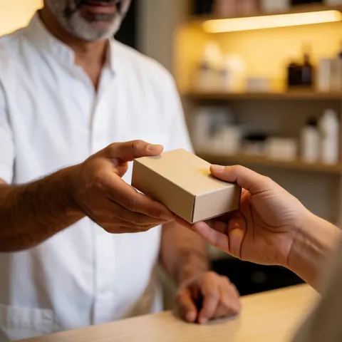 Un homme remet une boîte de produits de soin des ongles à un client dans un salon de beauté avec des étagères de produits en arrière-plan.