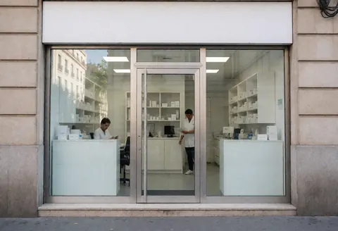 Deux personnes dans une pharmacie, l'une derrière un comptoir et l'autre marchant, avec des étagères de médicaments visibles.