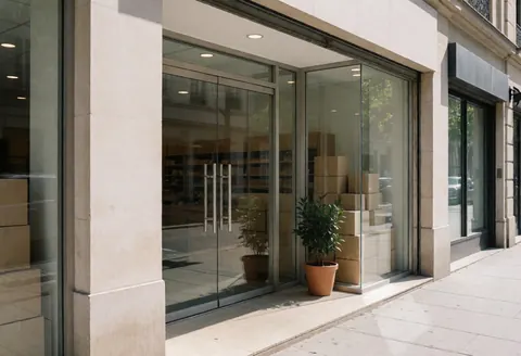 Façade d'une clinique de psychologie avec des portes en verre, un pot de plante et des reflets de l'extérieur.